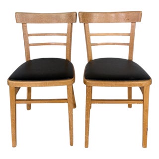 Mid-Century Beech Dining Chairs with Black Vinyl Seats, 1950s, Set of 2 For Sale