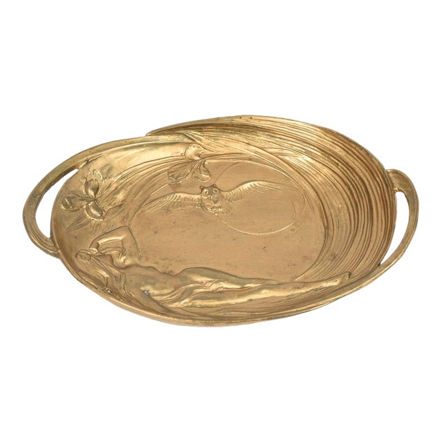 Art Nouveau Figural Nude Woman With Owl and Moon Floral Tray For Sale