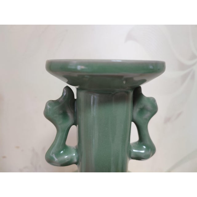 Chinese Ceramic Vase Longquan Ware Celadon Vase Hand Carved Double Dragon Ears For Sale - Image 4 of 11