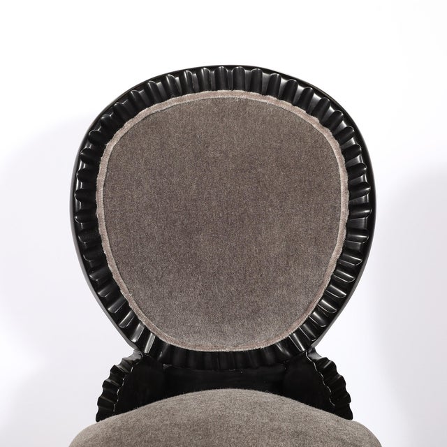 Wood Art Deco Style Scalloped & Fluted Detailed Ebonized Walnut Swiveling Barstools For Sale - Image 7 of 18