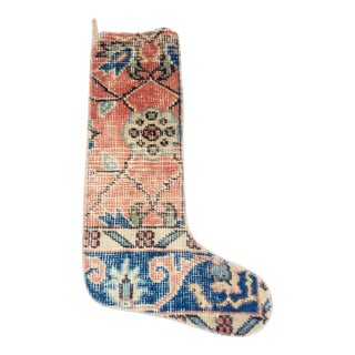 Rich Coral Medallion Vintage Kilim Christmas Stocking, Navy Border Wool, 11.8 X 17.7 in – One of a Kind Turkish Decor For Sale