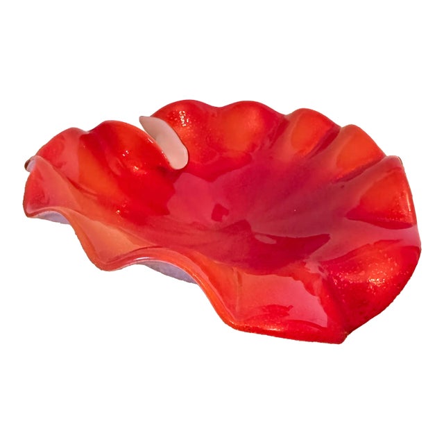 Murano Leaf-Form Red and Persimmon Ashtray or Candy Dish with Gold Flecks, Seguso Style For Sale