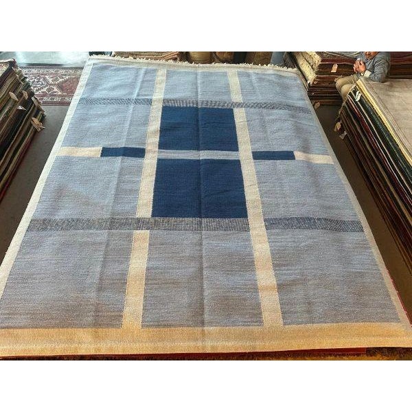 Modern Swedish-Inspired Kilim Rug | 8' X 10' | Flatweave in Blue & Ivory For Sale In Los Angeles - Image 6 of 6
