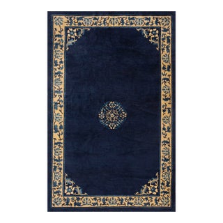 1900s Navy Blue Medallion Traditional Antique Chinese Peking Rug 5' 0'' X 7' 6'' Wool Knotted Carpet For Sale