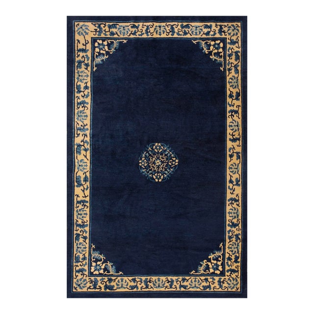 1900s Navy Blue Medallion Traditional Antique Chinese Peking Rug 5' 0'' X 7' 6'' Wool Knotted Carpet For Sale