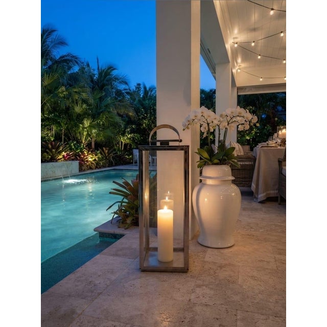 Vintage Modern Polished Gunmetal & Glass Floor Lantern With Tan Leather Handle For Sale - Image 10 of 12