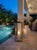 Vintage Modern Polished Gunmetal & Glass Floor Lantern With Tan Leather Handle For Sale - Image 10 of 12