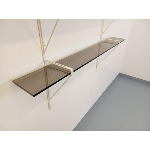 Large Vintage Wall Shelf in Smoked Glass and White Metal, String Tomado Style, from the 1960s, 1970s For Sale - Image 8 of 17