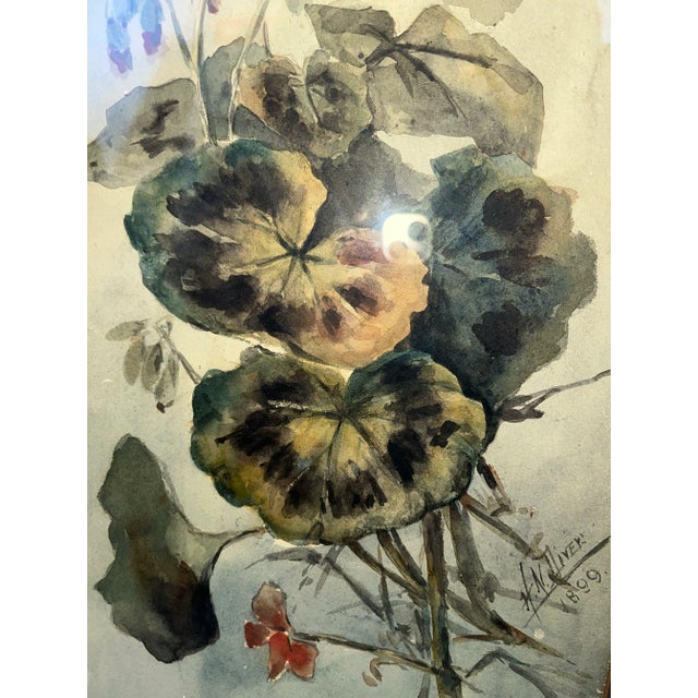 Late 19th Century 1899 Signed Floral Watercolor of a Flower Bouquet of Impatiens & Violets in the Original Frame For Sale - Image 5 of 10