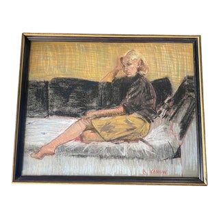 Mid Century Modern Pastel Drawing of a Woman Seated on Sofa, Rhoda Yanow For Sale
