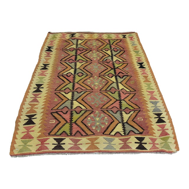 1980s Turkish Traditional Tribal Style Hand Knotted Wool Kilim Rug For Sale