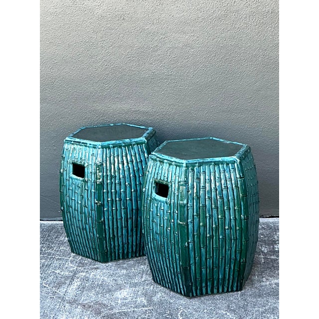 Vintage Glazed Ceramic Bamboo Garden Stools - A Pair For Sale - Image 9 of 12