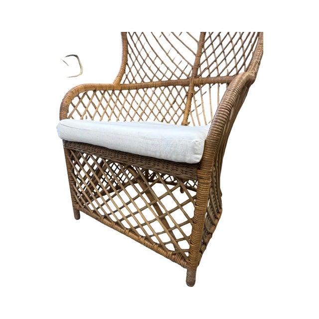 Wood 1970s Fabulous Classic High Back Throne Wicker Chair in Palm Beach Regency Style With White Linen Cushion For Sale - Image 7 of 7