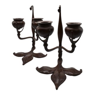 1910s Pair of Tiffany Studios Art Nouveau Bronze Candlesticks For Sale