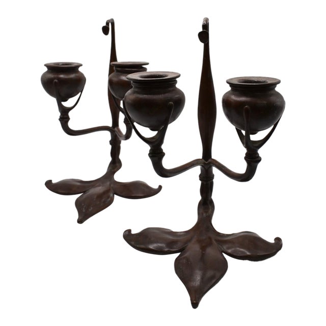 1910s Pair of Tiffany Studios Art Nouveau Bronze Candlesticks For Sale