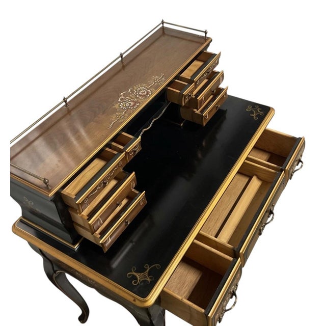Early 20th Century Chinoiserie-Style Black Lacquer Harpsichord Desk and Matching Cane Back Chair. For Sale In Atlanta - Image 6 of 9