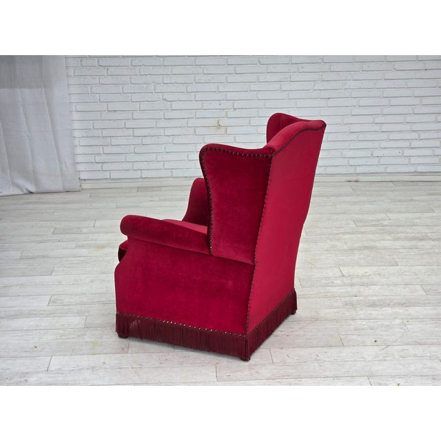Danish Highback Armchair in Red Velour and Ash, 1970s For Sale - Image 12 of 18