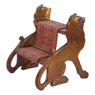 19th Century Wood Carved Gothic Library Stairs with Lion Figure and Rug For Sale