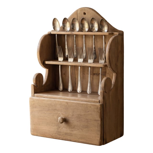 Hand-Carved Folk Art Pine Cutlery Rack with Drawer, 1950s For Sale