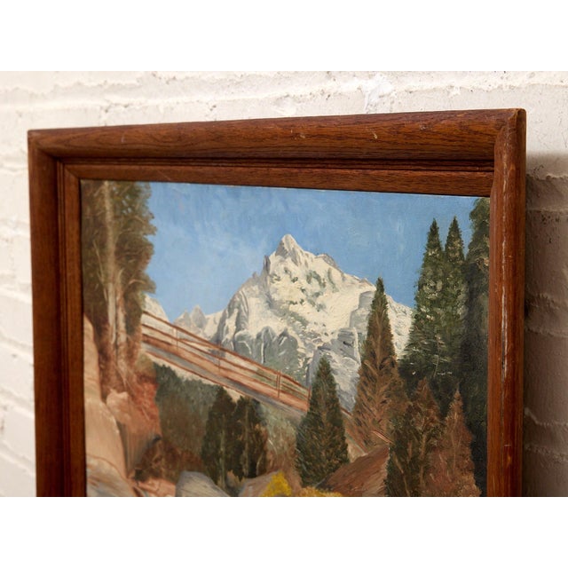 Mid 20th Century Vintage Mountain River Landscape Painting With Bridge For Sale - Image 5 of 8