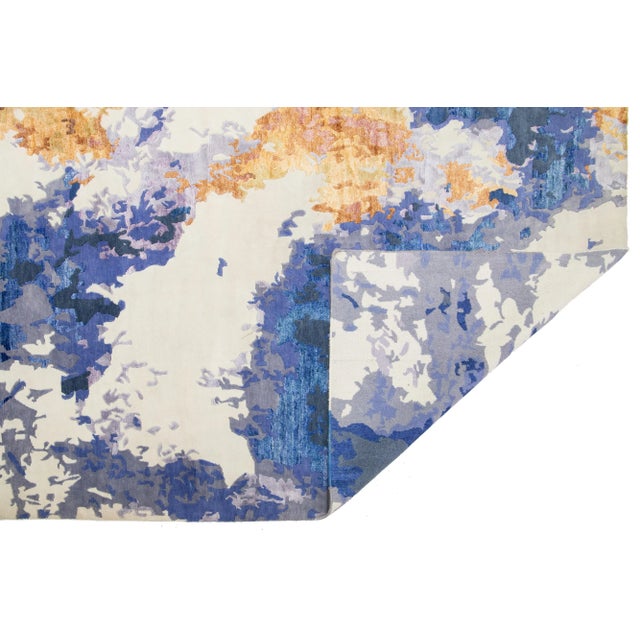 Abstract Multicolored Contemporary Wool and Silk Rug With Abstract Design For Sale - Image 3 of 11