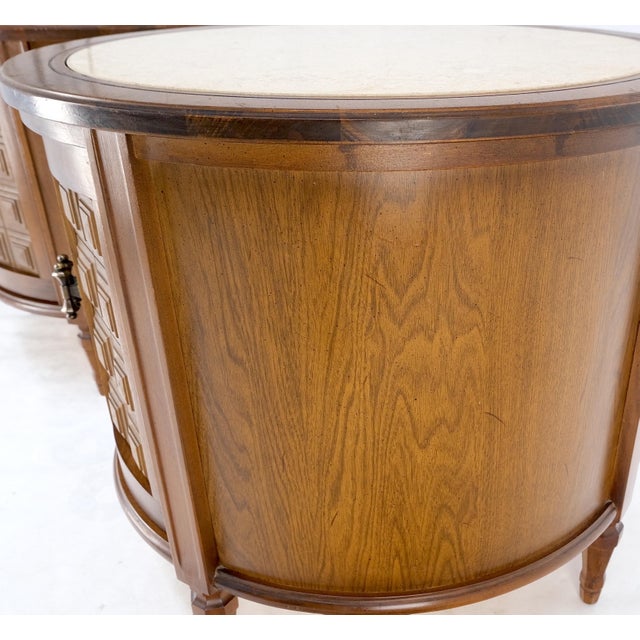 Pair Round Drum Barrel Shape Travertine Top Two Doors End Side Tables Stand Mint For Sale - Image 6 of 13