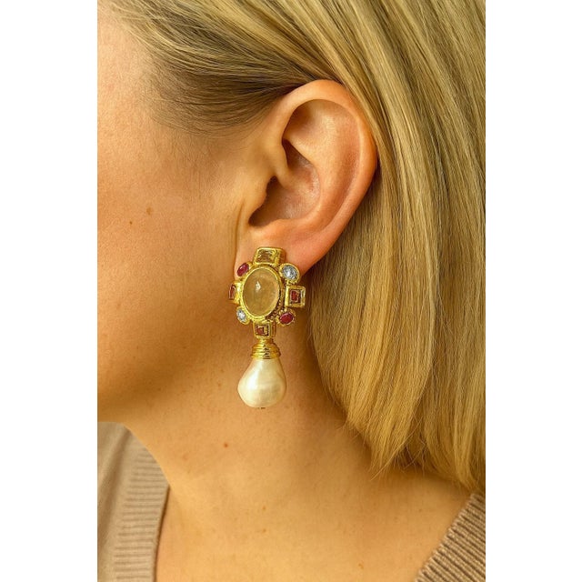 Gemstone Bochic "Orient" Vintage Lemon Quartz, Rodorite & Pearl Earrings Set 18K Gold & S For Sale - Image 7 of 9
