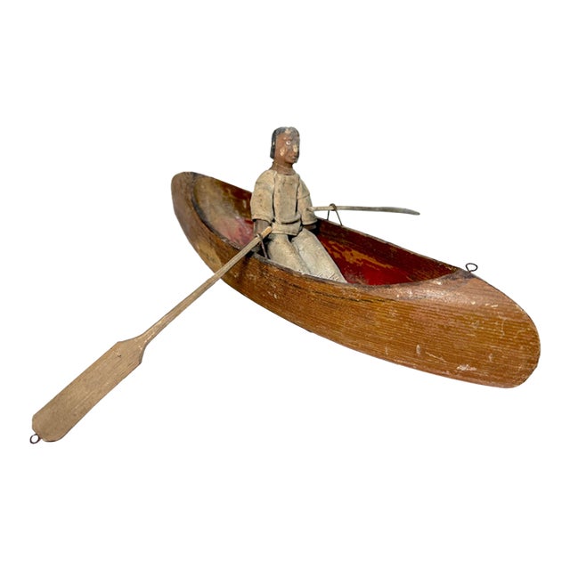 Antique Hand Carved Wood Canadian Inuit Eskimo Art Wood Sculpture Canoe Man For Sale