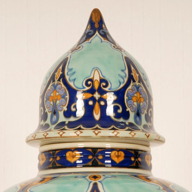 AK Dutch Delftware Art Nouveau Ceramic Vase Urn Floral Decoration Blue Turquoise Covered Vase For Sale - Image 4 of 11