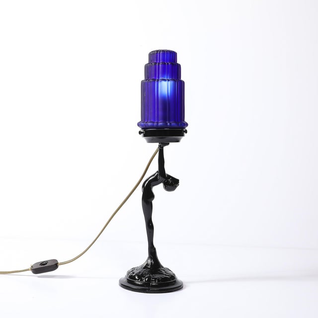 Art Deco Cobalt Blue Glass & Black Enamel Nude Sculpture Table Lamp Signed Nuart For Sale - Image 14 of 16