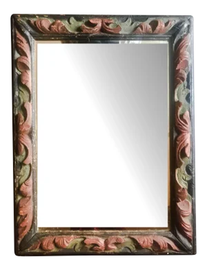 18th Century Hand Carved Spanish Polychrome Painted Framed Mirror