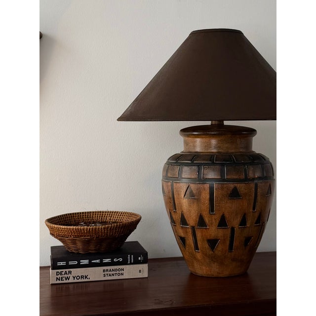 Burnt Orange Late 20th-Century Geometric Relief Earthenware Table Lamp For Sale - Image 8 of 11