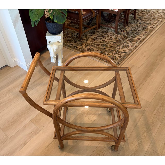 Mid-Century Modern Vintage Bent Rattan & Glass Bar Cart For Sale - Image 3 of 5