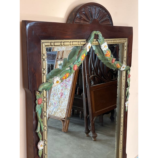 French Early 20th French Wood Wall Mirror With Painted Garland of Flowers For Sale - Image 3 of 7