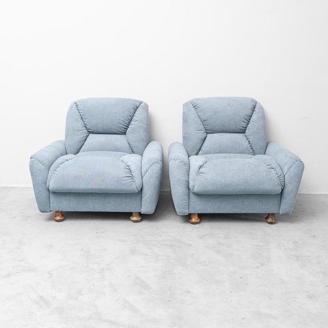 Armchairs in Blue Fabric and Wooden Legs, 1950s, Set of 2 For Sale - Image 12 of 12