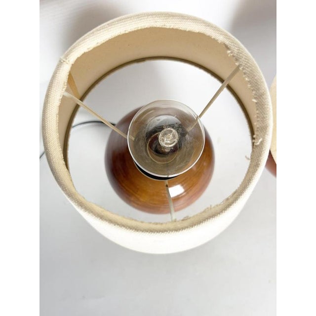 Round Wooden Table Lamps with Lampshades, France, 1970s, Set of 2 For Sale - Image 9 of 18