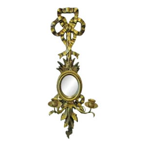 1960s Vintage Italian Giltwood Bow Top Botanical Decor Mirror Two Candle Wall Sconce