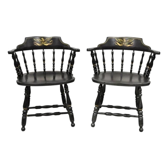 Vintage S. Bent & Bros Black Painted Eagle Colonial Pub Arm Chairs - A Pair For Sale