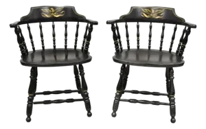 Vintage S. Bent & Bros Black Painted Eagle Colonial Pub Arm Chairs - A Pair