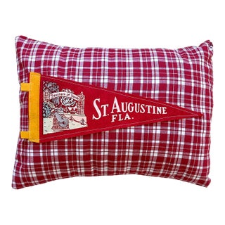Florida St. Augustine Vintage Red Pennant on New Woven Plaid Throw Pillow For Sale