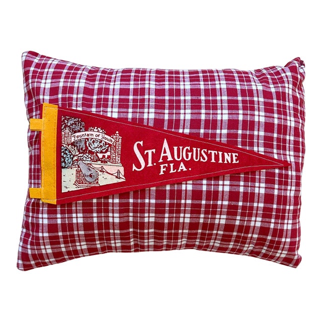 Florida St. Augustine Vintage Red Pennant on New Woven Plaid Throw Pillow For Sale