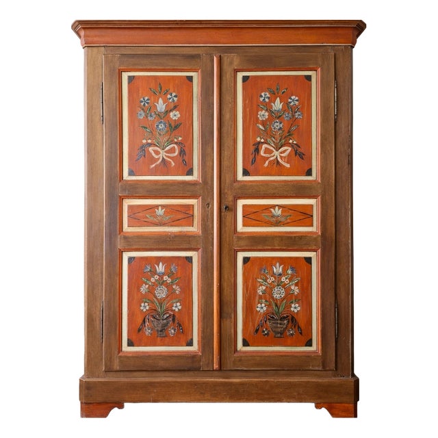 19th Century Folk Art Hand-Painted Cabinet with Floral Decoration For Sale