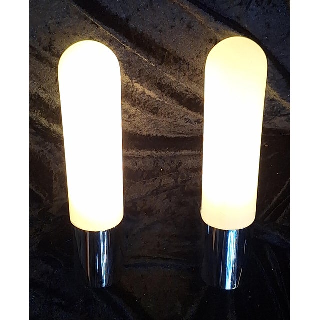 Vintage Wall Lamps with Chrome-Plated Metal Bracket and White Opal Glass Shade from Glashütte Limburg, 1980s, Set of 2, in...