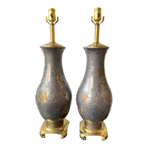 1960s Pewter & Brass Floral Lamps - A Pair