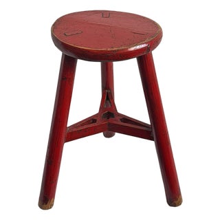 Vintage Red Farmhouse Round Wood Stool For Sale