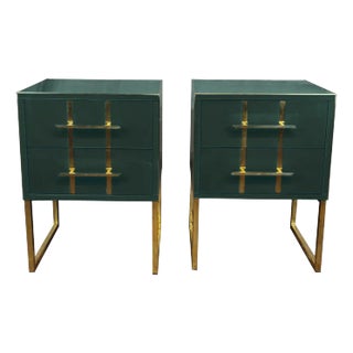 Italian Pair of Night Stands Dark Green Glass With Brass Trim Available For Sale