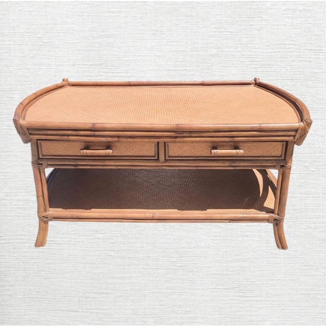 1990s Vintage Wicker Bamboo 4 Drawer Casual Lexington Style Coffee Table For Sale - Image 5 of 8