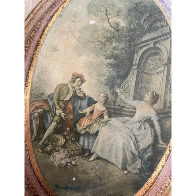 Rare vintage Italian Florentine wall plaque with garden scene. Hand painted with gold gilded paint and pink accents. Music...