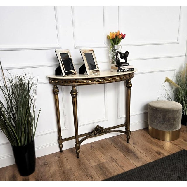 Mid-Century Italian Demi Lune Wall Console Table in Gilt Wood with Marble Top, 1950s For Sale - Image 4 of 10
