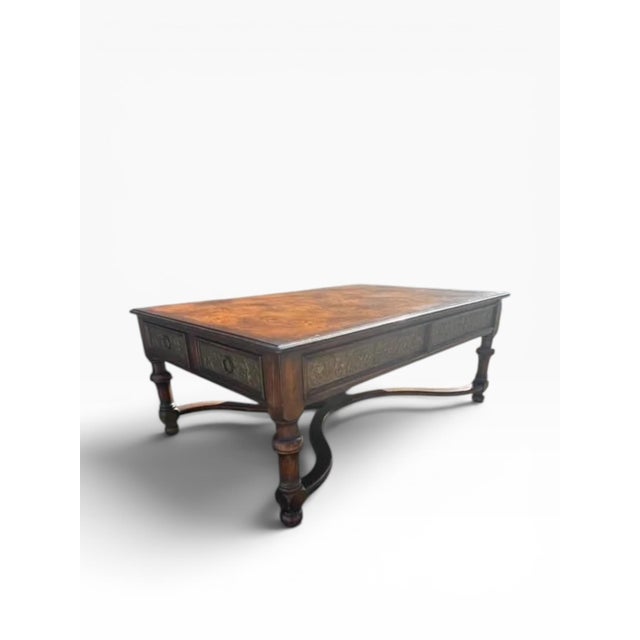 Theodore Alexander “Armoury Collection” Carved Coffee Table – Burled Top + Brass-Accent Drawers For Sale In Boston - Image 6 of 17